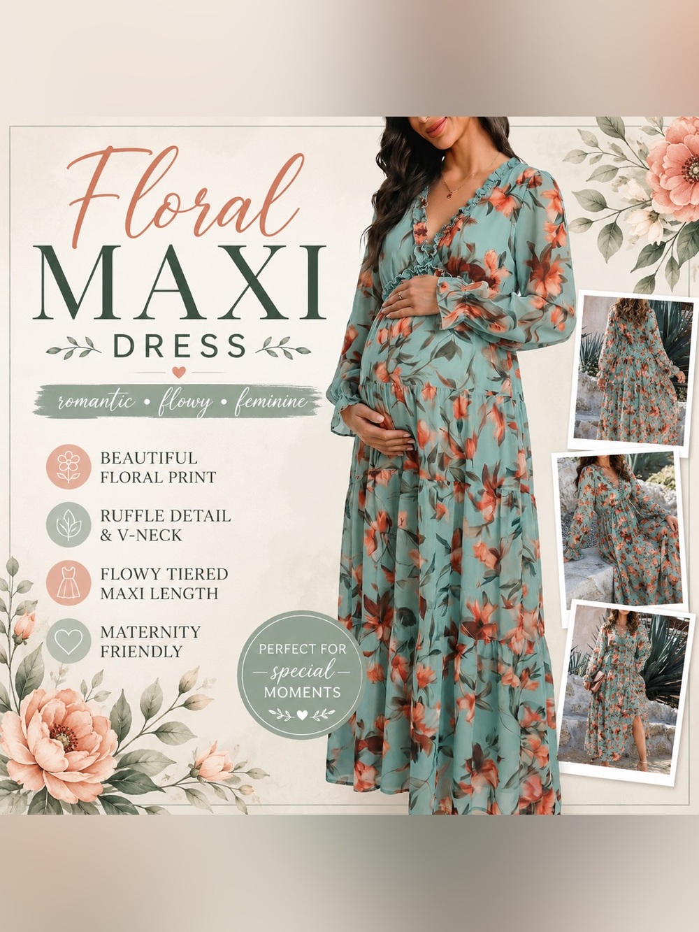 Women’s Maternity Sage Green Floral Boho Maxi Dress Long Sleeve Ruffle V-Neck